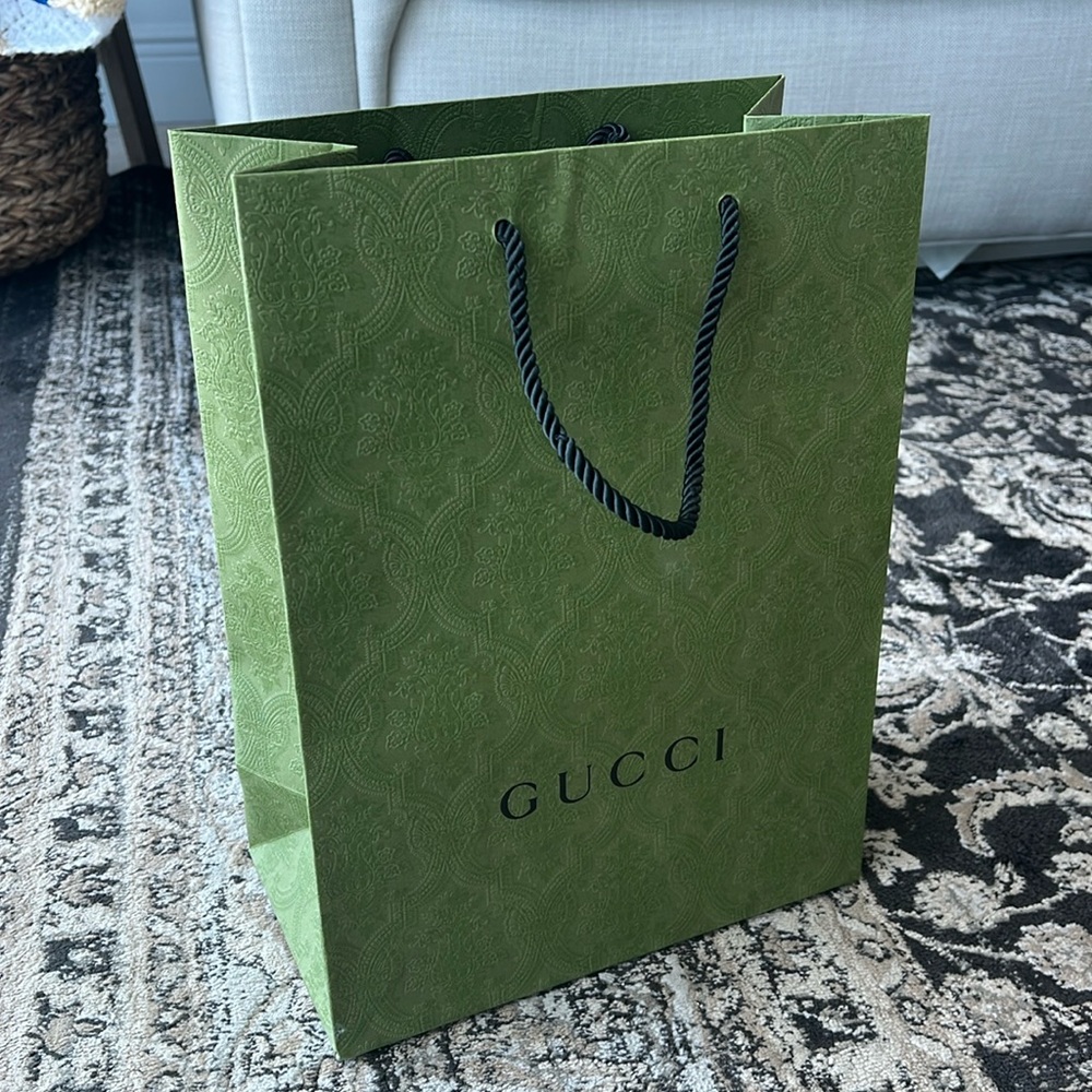 Gucci green and black shopping bag with cord handles 10.25” x 13.25”